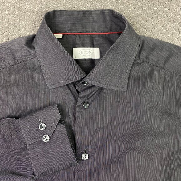 Eton Slim Fit Shirt Men's 41 16 Gray Cotton Button Up Down Stripes Spread collar - Picture 1 of 11